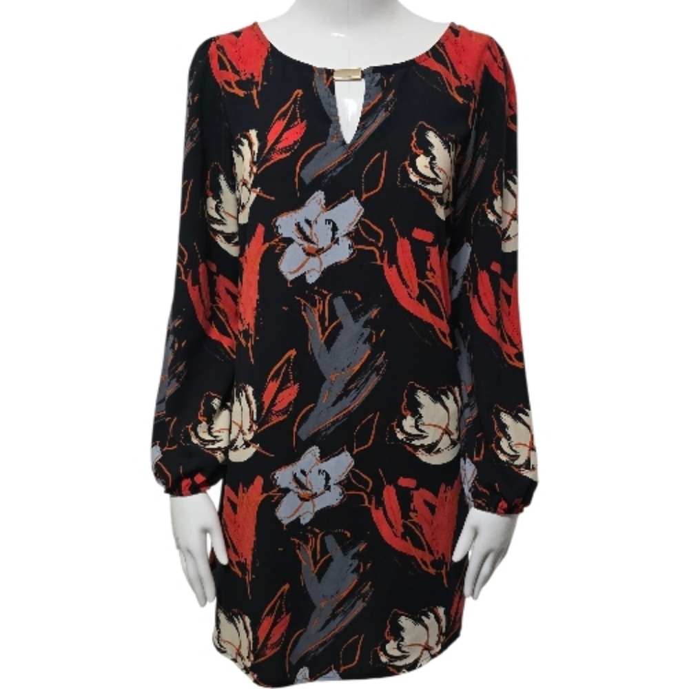 Point Bloomingdale's Abstract Painterly Floral Shift Dress Red Blue Black Size S
